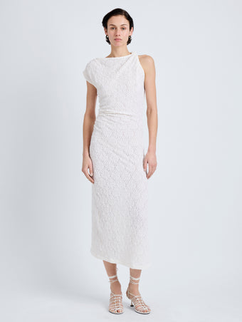 Proenza Schouler Front full length image of model wearing Astra Dress in Stretch Lace in Alabaster
