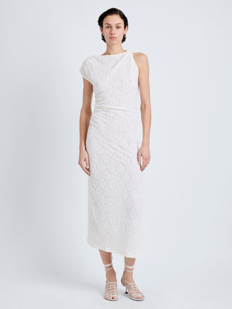 Proenza Schouler Front full length image of model wearing Astra Dress in Stretch Lace in Alabaster