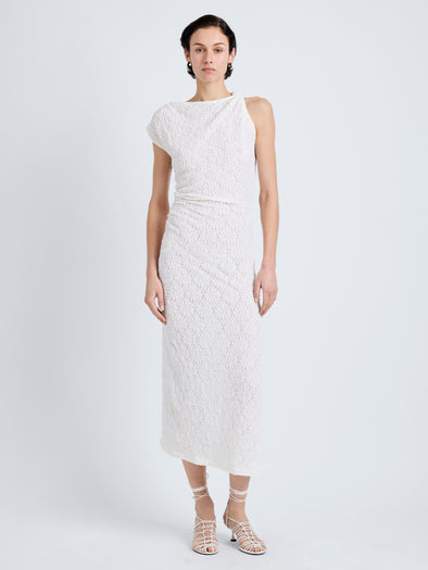 Proenza Schouler Front full length image of model wearing Astra Dress in Stretch Lace in Alabaster