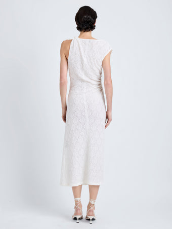Proenza Schouler Back full length image of model wearing Astra Dress in Stretch Lace in Alabaster