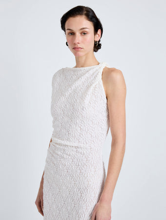 Proenza Schouler Detail image of model wearing Astra Dress in Stretch Lace in Alabaster