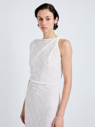 Proenza Schouler Detail image of model wearing Astra Dress in Stretch Lace in Alabaster