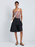 Proenza Schouler Front full length image of model wearing Maisy Strapless Top in Poplin in Rust Cream Multi