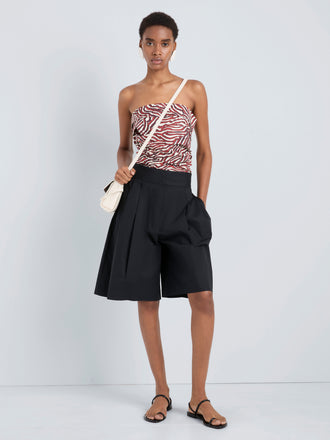 Proenza Schouler Front full length image of model wearing Maisy Strapless Top in Poplin in Rust Cream Multi
