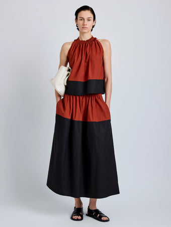Proenza Schouler Front full length image of model wearing Esme Top in Poplin in Brick Black