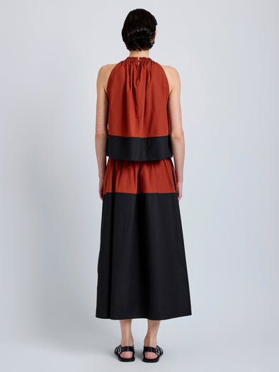 Proenza Schouler Back full length image of model wearing Esme Top in Poplin in Brick Black