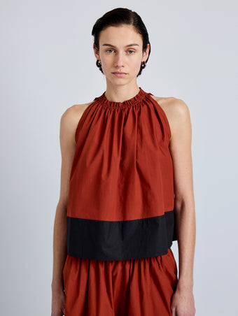 Proenza Schouler Detail image of model wearing Esme Top in Poplin in Brick Black