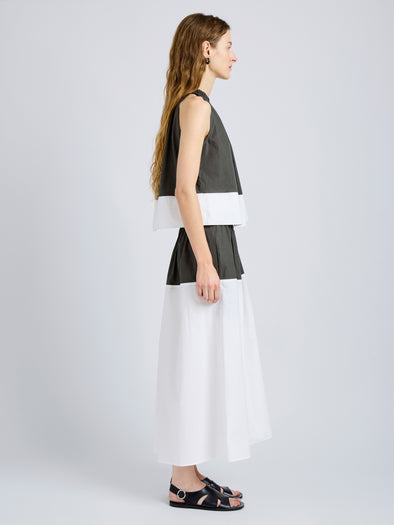 Proenza Schouler Side full length image of model wearing Esme Top in Poplin in WillowWhite