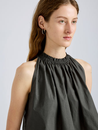 Proenza Schouler Detail image of model wearing Esme Top in Poplin in WillowWhite
