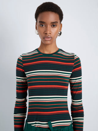 Proenza Schouler Front cropped image of model wearing Mae Top in Striped Jersey in Spruce Multi