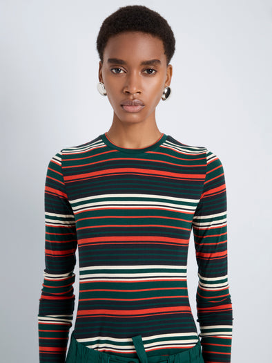 Proenza Schouler Front cropped image of model wearing Mae Top in Striped Jersey in Spruce Multi
