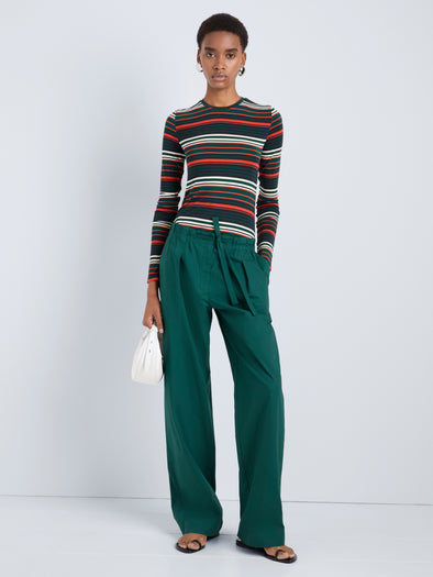 Proenza Schouler Front full length image of model wearing Mae Top in Striped Jersey in Spruce Multi