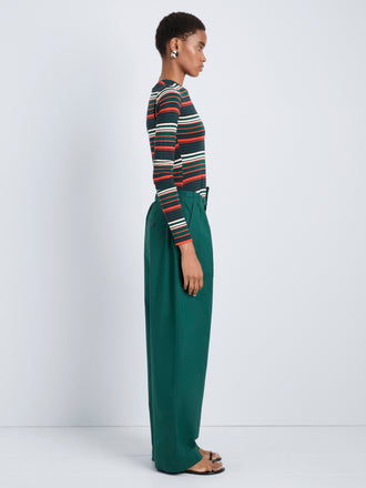 Proenza Schouler Side full length image of model wearing Mae Top in Striped Jersey in Spruce Multi