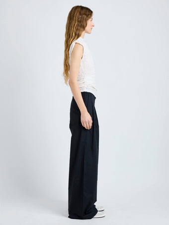 Proenza Schouler Side full length image of model wearing Circe Top in Stretch Lace in Alabaster