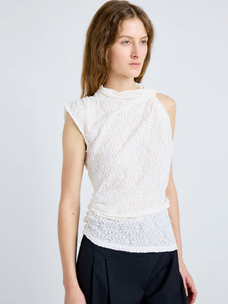 Proenza Schouler Detail image of model wearing Circe Top in Stretch Lace in Alabaster