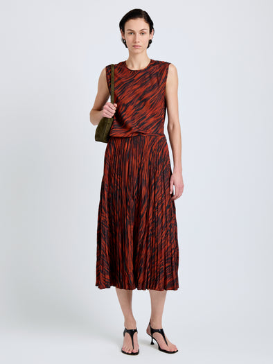 Proenza Schouler Front full length image of model wearing Megan Top in Printed Twill in Brick Multi