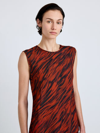 Proenza Schouler Detail image of model wearing Megan Top in Printed Twill in Brick Multi