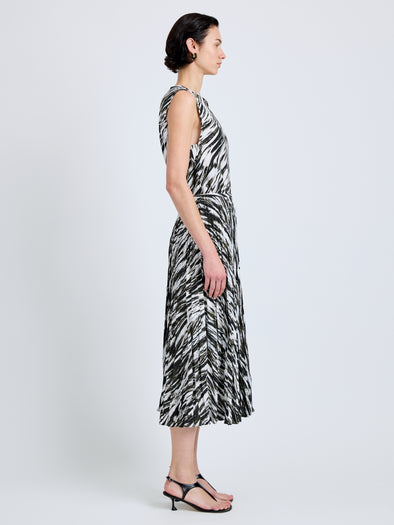 Proenza Schouler Side full length image of model wearing Megan Top in Printed Twill in Pale Blue Multi