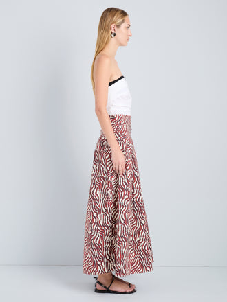 Proenza Schouler Side full length image of model wearing Nessa Skirt in Poplin in Rust Cream Multi