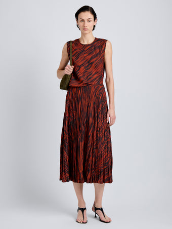 Proenza Schouler Front full length image of model wearing Runa Skirt in Printed Soft Twill in Brick Multi