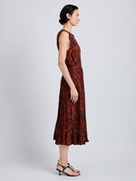 Proenza Schouler Side full length image of model wearing Runa Skirt in Printed Soft Twill in Brick Multi