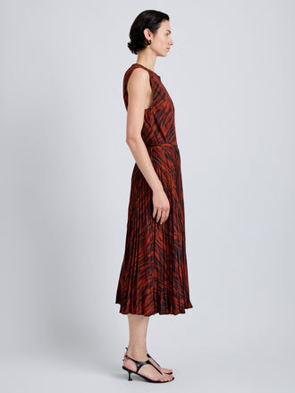 Proenza Schouler Side full length image of model wearing Runa Skirt in Printed Soft Twill in Brick Multi