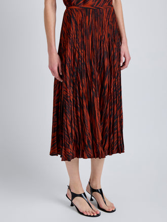Proenza Schouler Detail image of model wearing Runa Skirt in Printed Soft Twill in Brick Multi