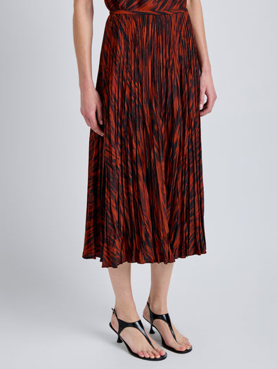 Proenza Schouler Detail image of model wearing Runa Skirt in Printed Soft Twill in Brick Multi
