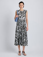 Proenza Schouler Front full length image of model wearing Runa Skirt in Printed Soft Twill in Pale Blue Multi