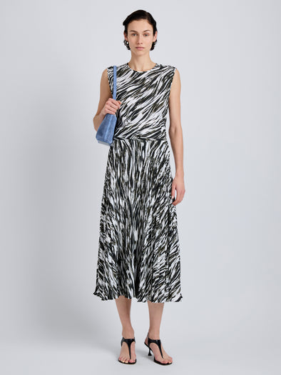 Proenza Schouler Front full length image of model wearing Runa Skirt in Printed Soft Twill in Pale Blue Multi