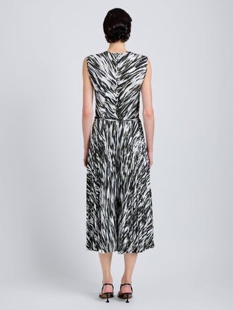 Proenza Schouler Back full length image of model wearing Runa Skirt in Printed Soft Twill in Pale Blue Multi