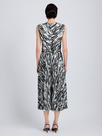 Proenza Schouler Back full length image of model wearing Runa Skirt in Printed Soft Twill in Pale Blue Multi