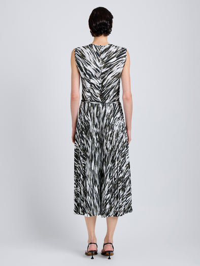 Proenza Schouler Back full length image of model wearing Runa Skirt in Printed Soft Twill in Pale Blue Multi