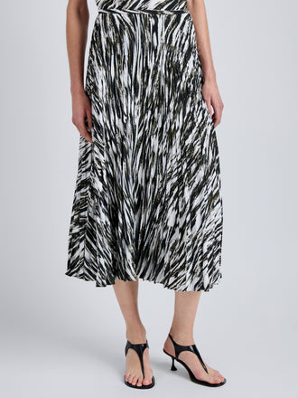 Proenza Schouler Detail image of model wearing Runa Skirt in Printed Soft Twill in Pale Blue Multi