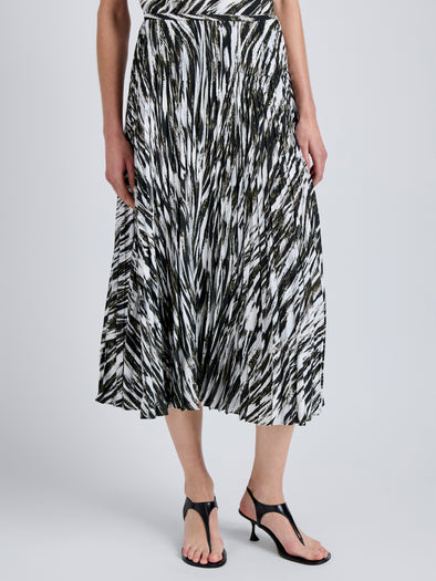 Proenza Schouler Detail image of model wearing Runa Skirt in Printed Soft Twill in Pale Blue Multi