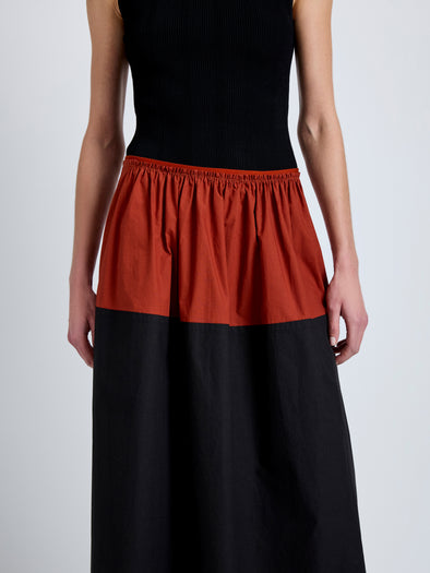 Proenza Schouler Detail image of model wearing Nyla Skirt in Poplin in Brick Black