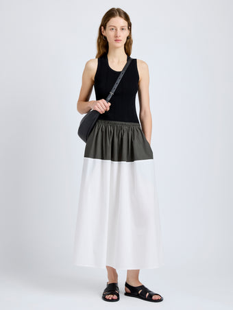 Proenza Schouler Front full length image of model wearing Nyla Skirt in Poplin in WillowWhite