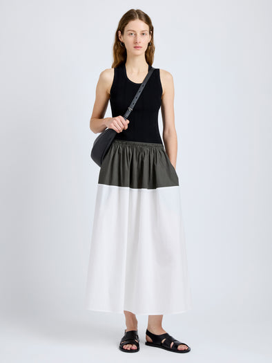 Proenza Schouler Front full length image of model wearing Nyla Skirt in Poplin in WillowWhite