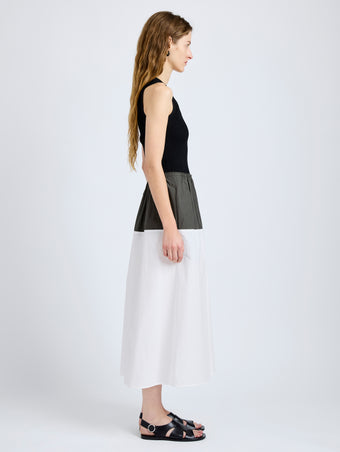 Proenza Schouler Side full length image of model wearing Nyla Skirt in Poplin in WillowWhite