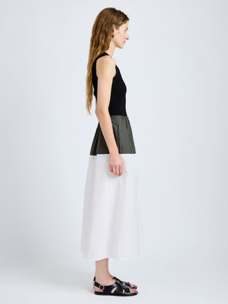 Proenza Schouler Side full length image of model wearing Nyla Skirt in Poplin in WillowWhite