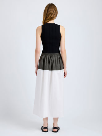 Proenza Schouler Back full length image of model wearing Nyla Skirt in Poplin in WillowWhite