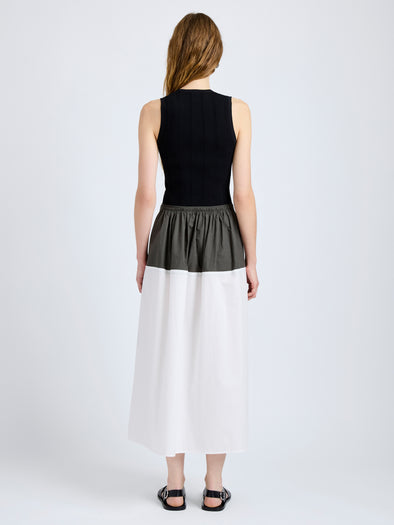 Proenza Schouler Back full length image of model wearing Nyla Skirt in Poplin in WillowWhite