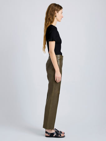 Proenza Schouler Side full length image of model wearing Isadora Pant in Leather in Fatigue