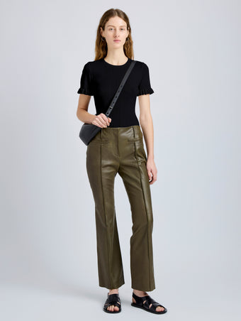 Proenza Schouler Front full length image of model wearing Isadora Pant in Leather in Fatigue