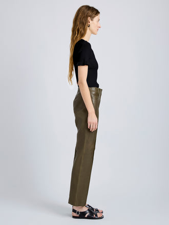Proenza Schouler Side full length image of model wearing Isadora Pant in Leather in Fatigue