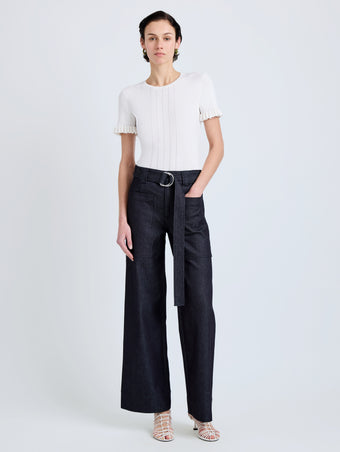 Proenza Schouler Front full length image of model wearing Lina Pant in Stretch Twill in Indigo