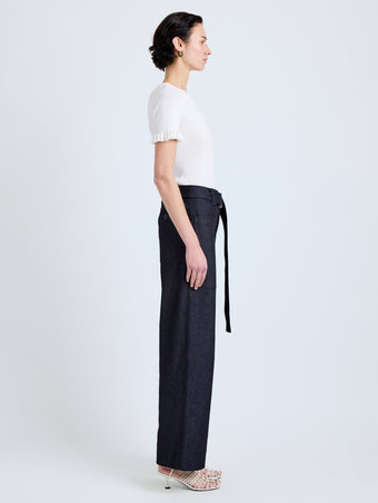 Proenza Schouler Side full length image of model wearing Lina Pant in Stretch Twill in Indigo