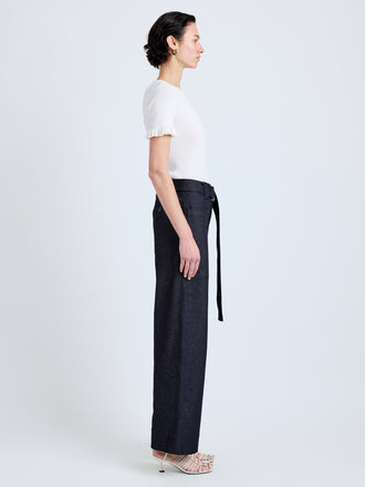 Proenza Schouler Side full length image of model wearing Lina Pant in Stretch Twill in Indigo