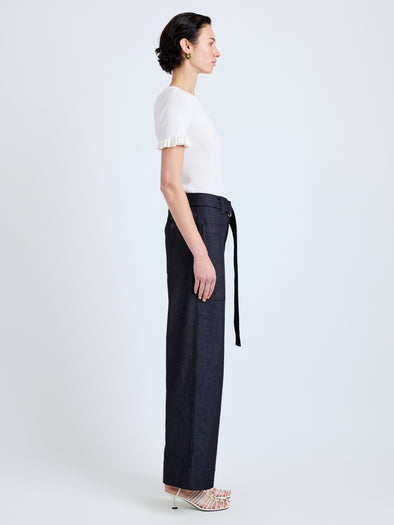 Proenza Schouler Side full length image of model wearing Lina Pant in Stretch Twill in Indigo