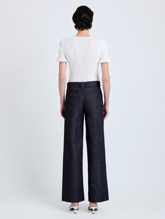 Proenza Schouler Back full length image of model wearing Lina Pant in Stretch Twill in Indigo